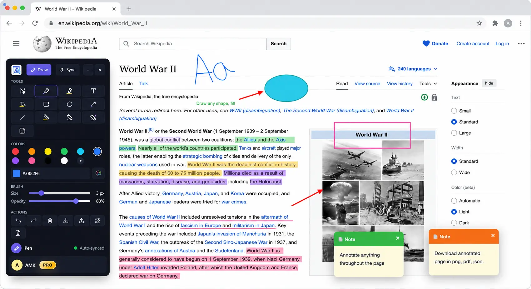 AnnotaMark web annotation demo showing highlights, drawing tools, and markup on a webpage